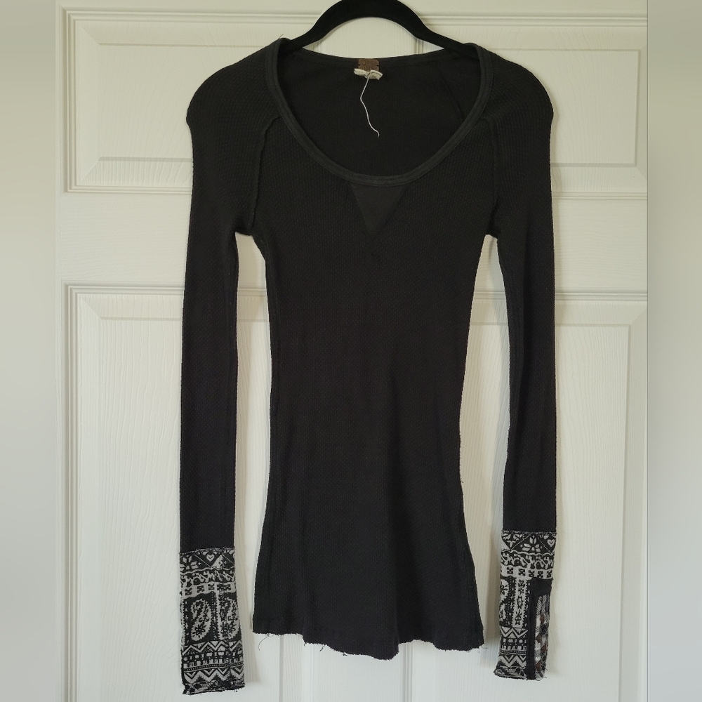 Free People Black Thermal Long Sleeve Shirt